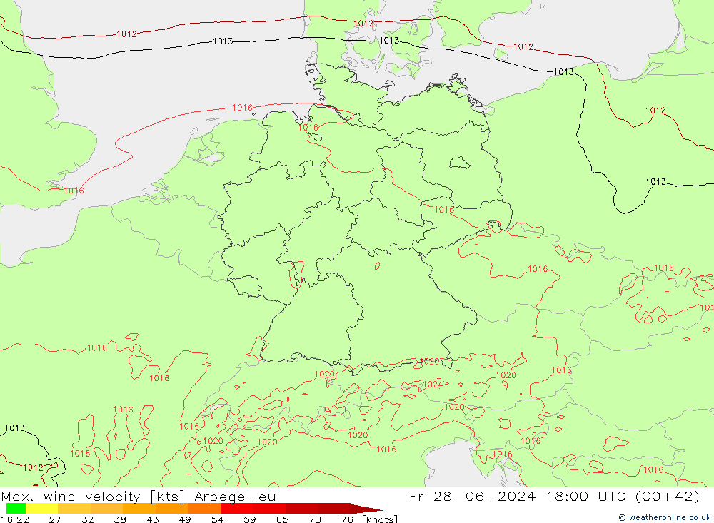 Max. wind snelheid Arpege-eu vr 28.06.2024 18 UTC