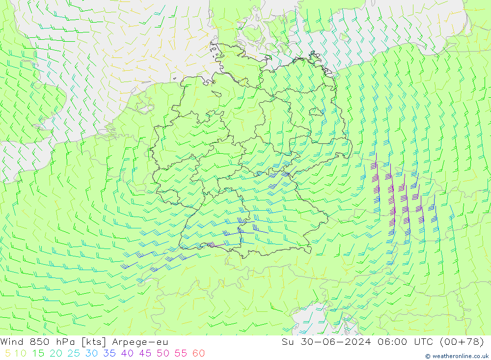 Wind 850 hPa Arpege-eu zo 30.06.2024 06 UTC