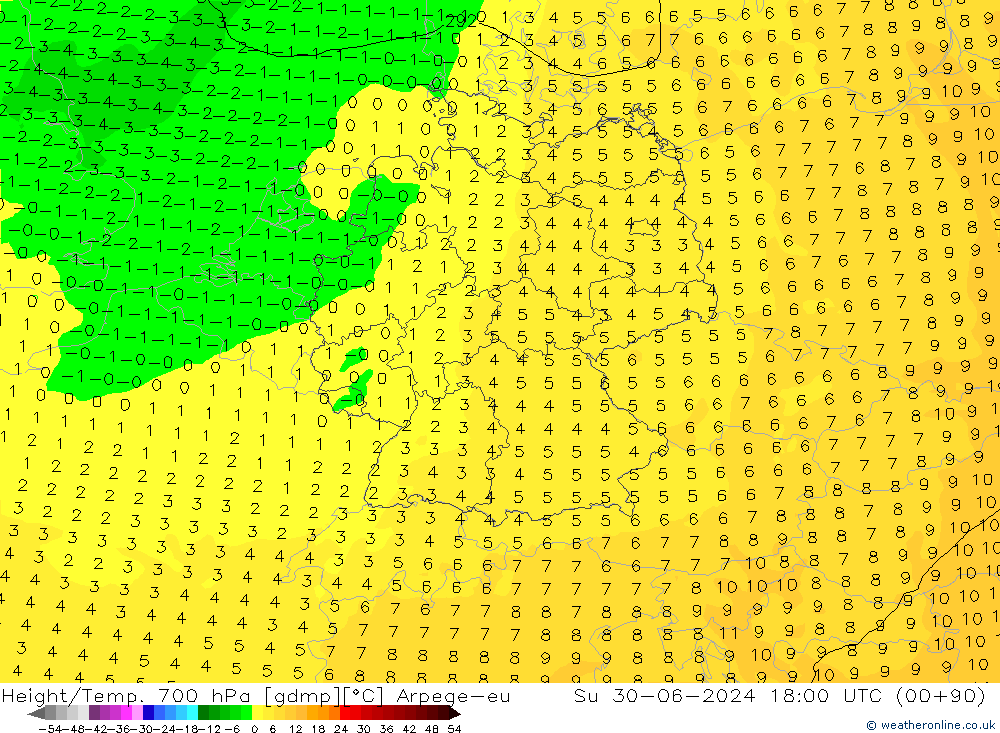 Hoogte/Temp. 700 hPa Arpege-eu zo 30.06.2024 18 UTC