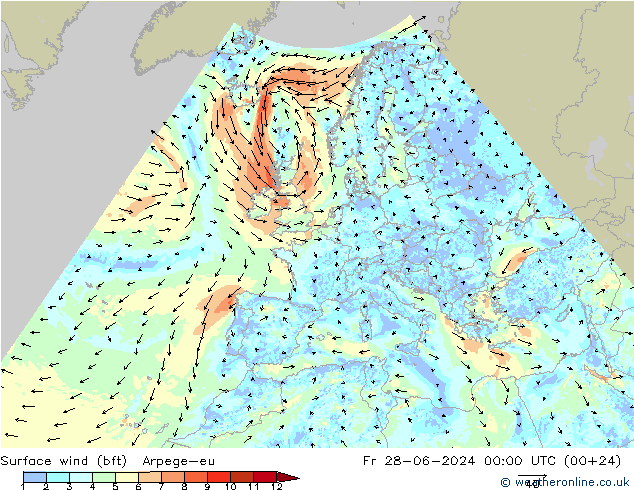 Wind 10 m (bft) Arpege-eu vr 28.06.2024 00 UTC