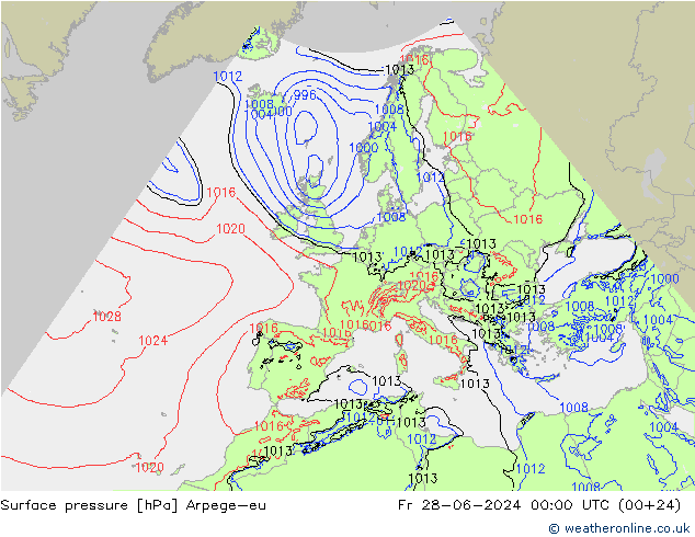 地面气压 Arpege-eu 星期五 28.06.2024 00 UTC