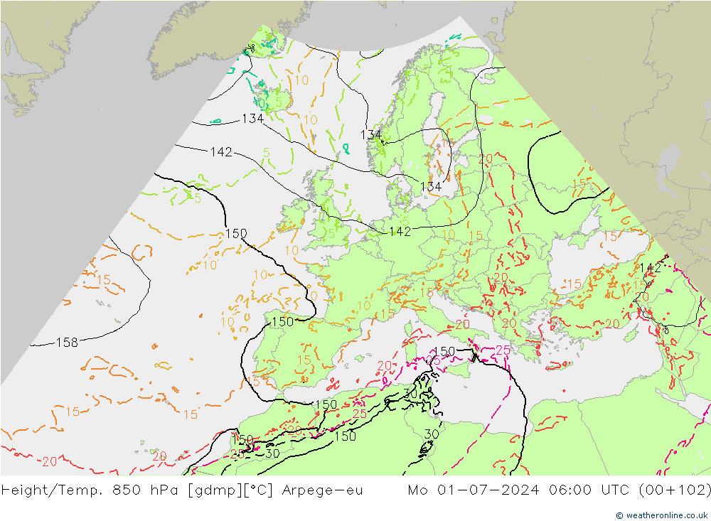 Hoogte/Temp. 850 hPa Arpege-eu ma 01.07.2024 06 UTC