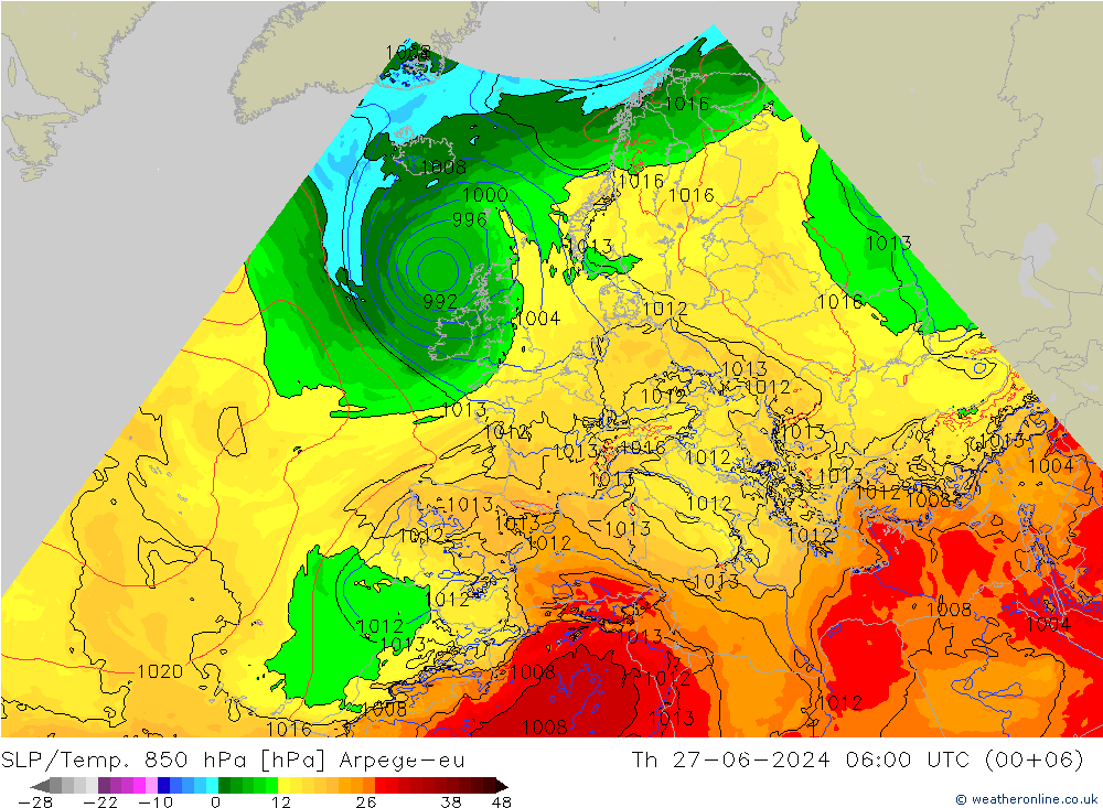 SLP/Temp. 850 hPa Arpege-eu 星期四 27.06.2024 06 UTC