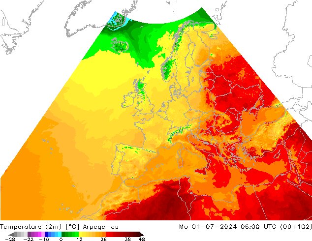 Temperatuurkaart (2m) Arpege-eu ma 01.07.2024 06 UTC
