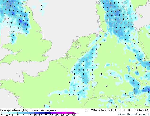 降水量 (6h) Arpege-eu 星期五 28.06.2024 00 UTC