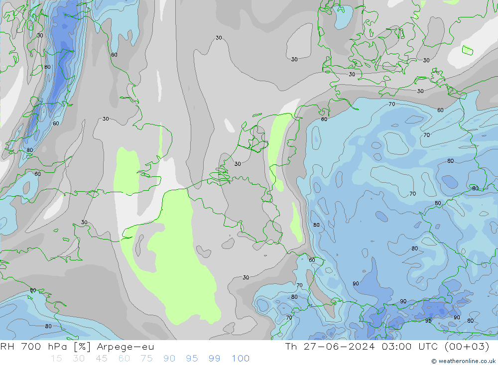 RH 700 hPa Arpege-eu 星期四 27.06.2024 03 UTC