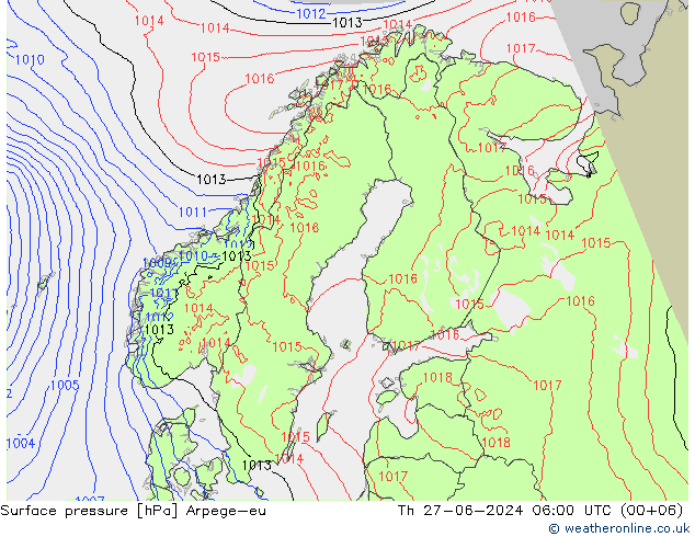 地面气压 Arpege-eu 星期四 27.06.2024 06 UTC