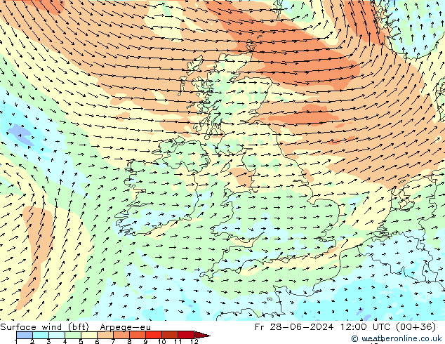 Wind 10 m (bft) Arpege-eu vr 28.06.2024 12 UTC