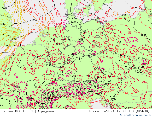 Theta-e 850hPa Arpege-eu 星期四 27.06.2024 12 UTC