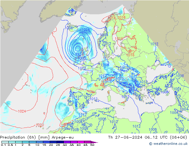降水量 (6h) Arpege-eu 星期四 27.06.2024 12 UTC