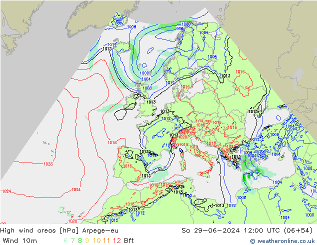 High wind areas Arpege-eu So 29.06.2024 12 UTC