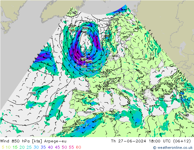 风 850 hPa Arpege-eu 星期四 27.06.2024 18 UTC