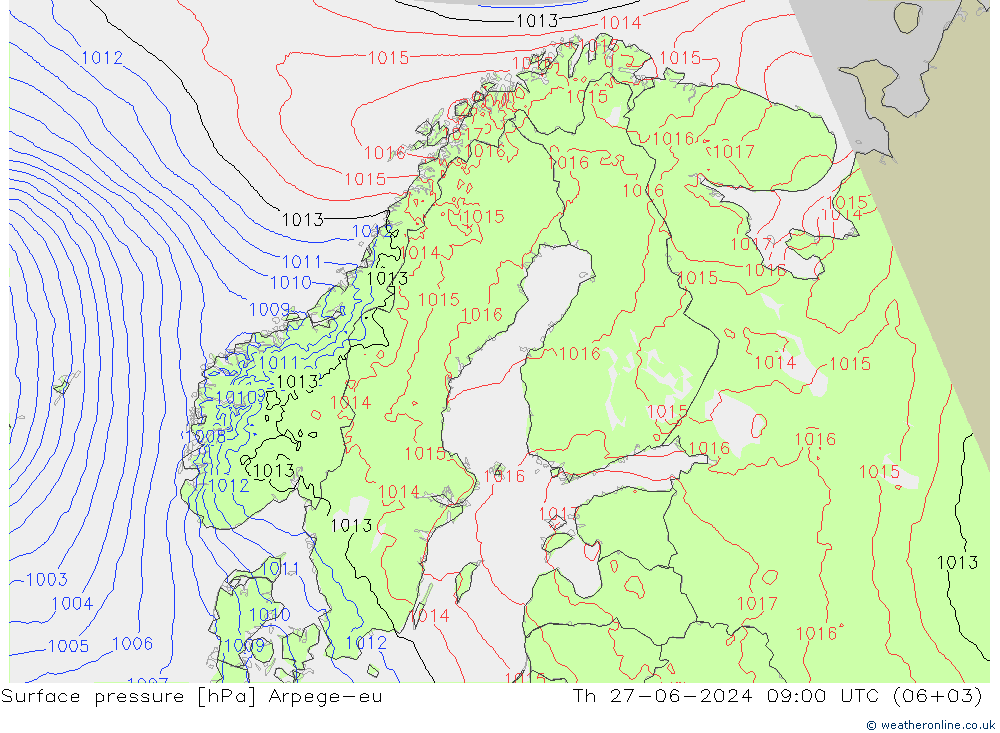 地面气压 Arpege-eu 星期四 27.06.2024 09 UTC