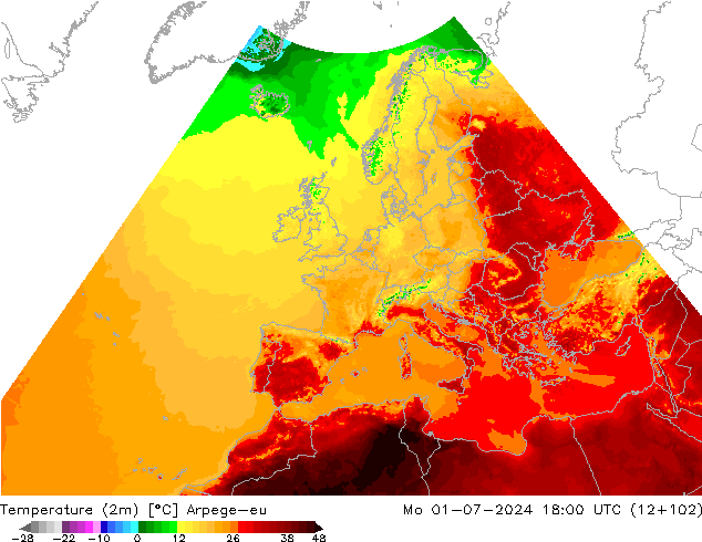 Temperatuurkaart (2m) Arpege-eu ma 01.07.2024 18 UTC