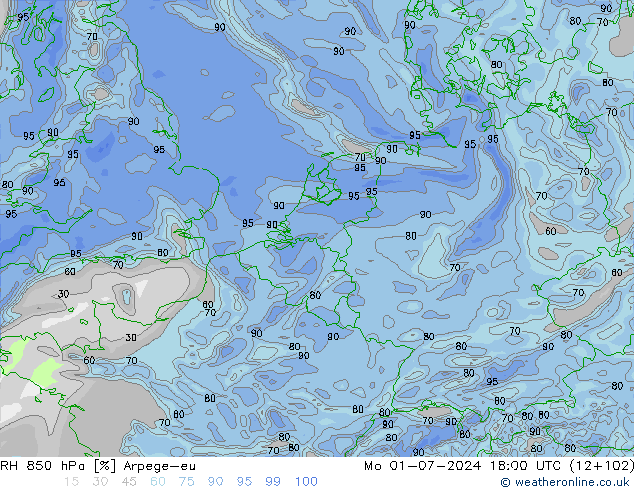 RH 850 hPa Arpege-eu 星期一 01.07.2024 18 UTC