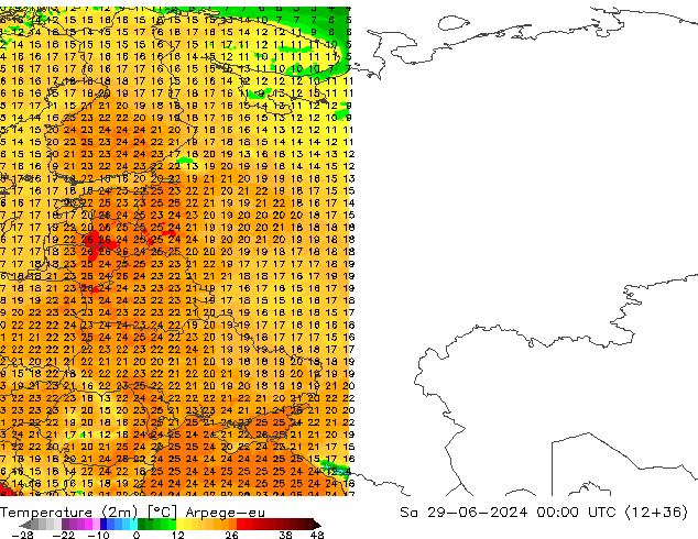 Temperatuurkaart (2m) Arpege-eu za 29.06.2024 00 UTC