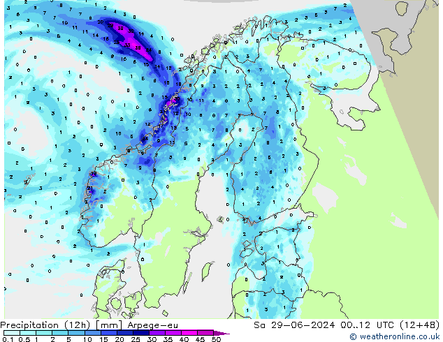 Totale neerslag (12h) Arpege-eu za 29.06.2024 12 UTC