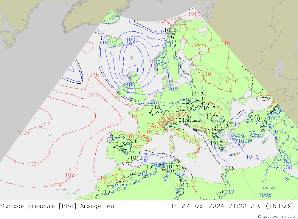 地面气压 Arpege-eu 星期四 27.06.2024 21 UTC