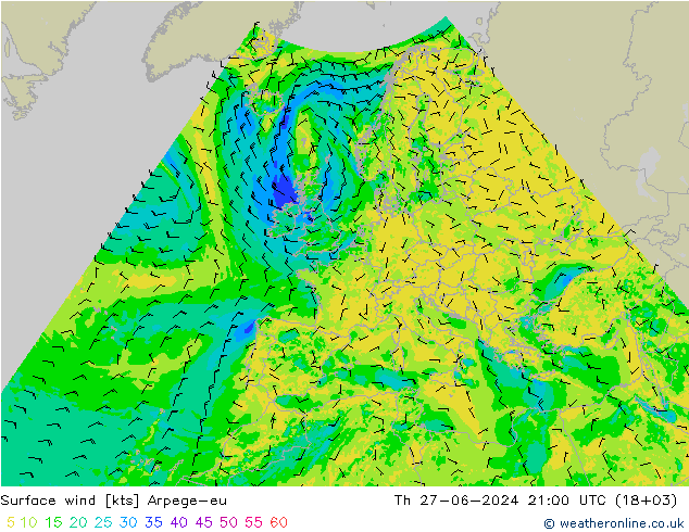 风 10 米 Arpege-eu 星期四 27.06.2024 21 UTC
