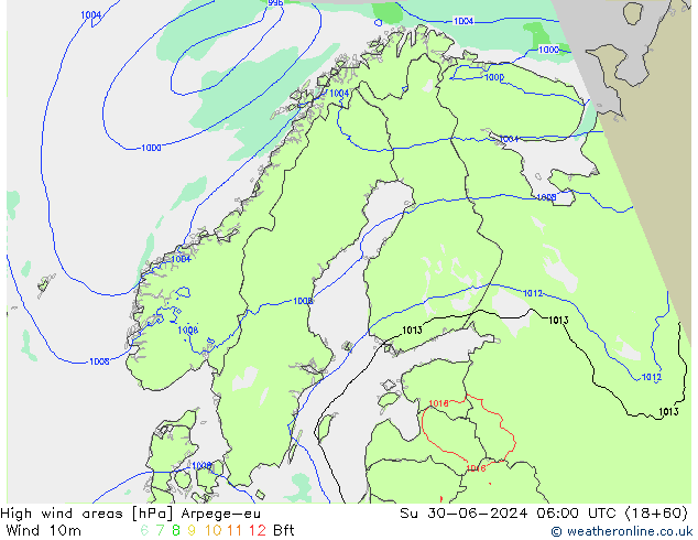 High wind areas Arpege-eu 星期日 30.06.2024 06 UTC