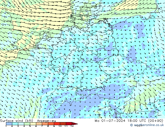 Wind 10 m (bft) Arpege-eu ma 01.07.2024 18 UTC