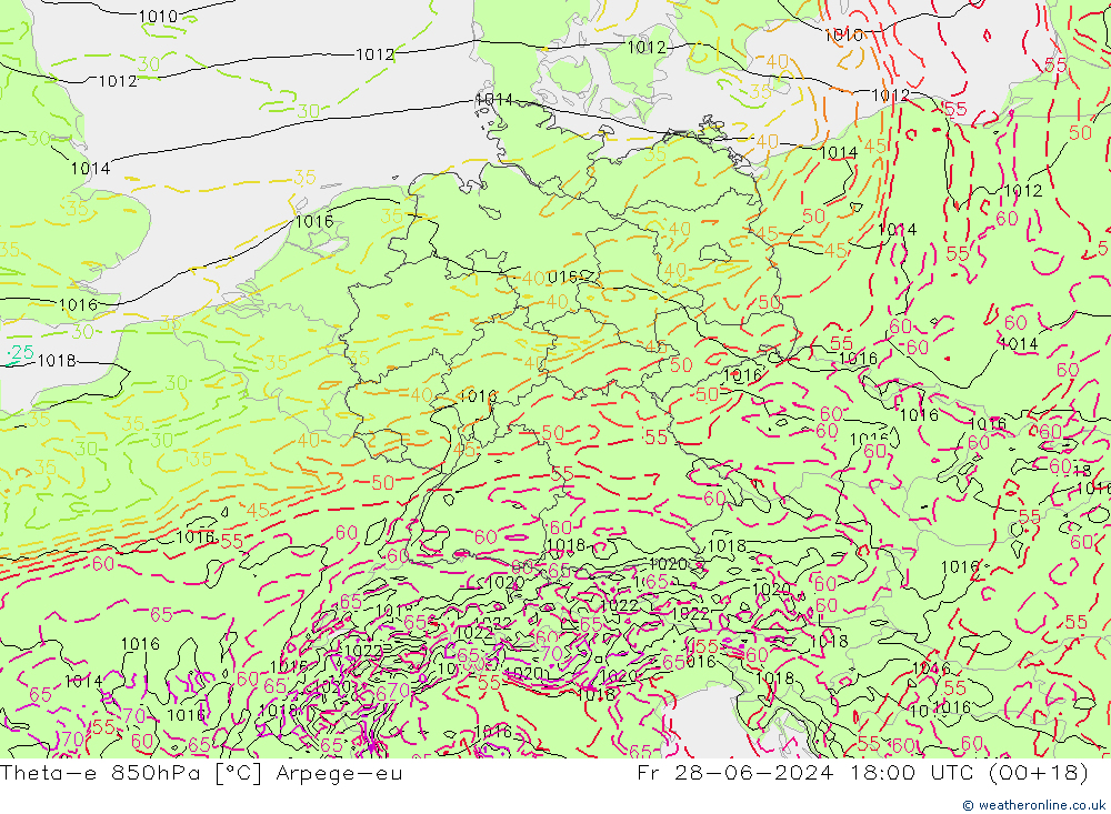 Theta-e 850hPa Arpege-eu vr 28.06.2024 18 UTC