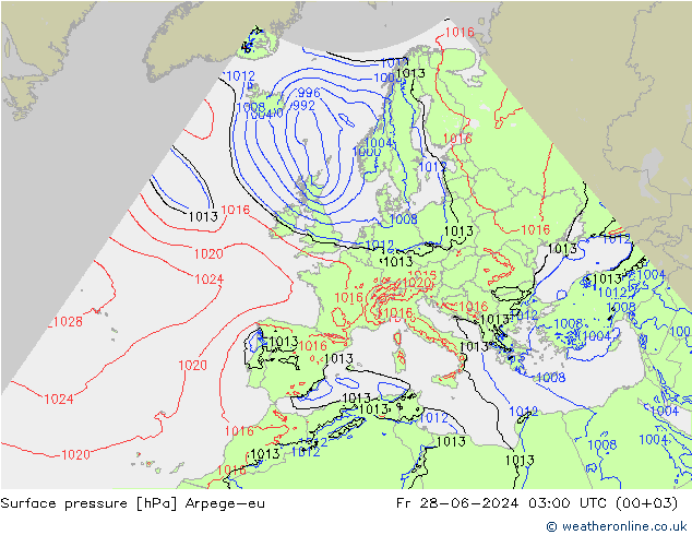 地面气压 Arpege-eu 星期五 28.06.2024 03 UTC