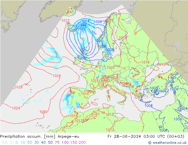 Precipitation accum. Arpege-eu 星期五 28.06.2024 03 UTC