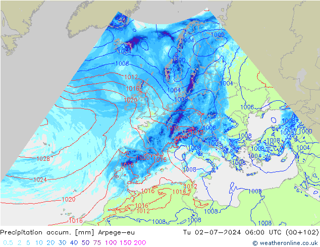 Precipitation accum. Arpege-eu 星期二 02.07.2024 06 UTC
