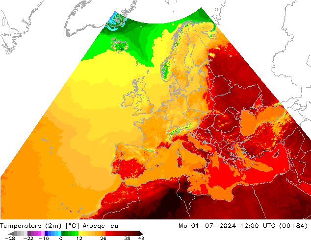 Temperatuurkaart (2m) Arpege-eu ma 01.07.2024 12 UTC