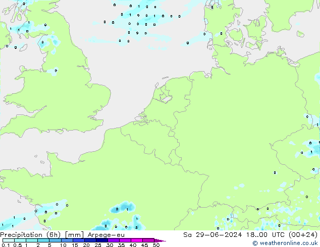 Totale neerslag (6h) Arpege-eu za 29.06.2024 00 UTC