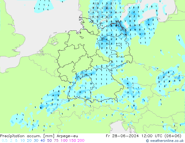 Totale neerslag Arpege-eu vr 28.06.2024 12 UTC