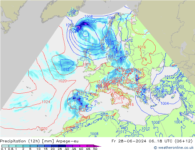 降水量 (12h) Arpege-eu 星期五 28.06.2024 18 UTC