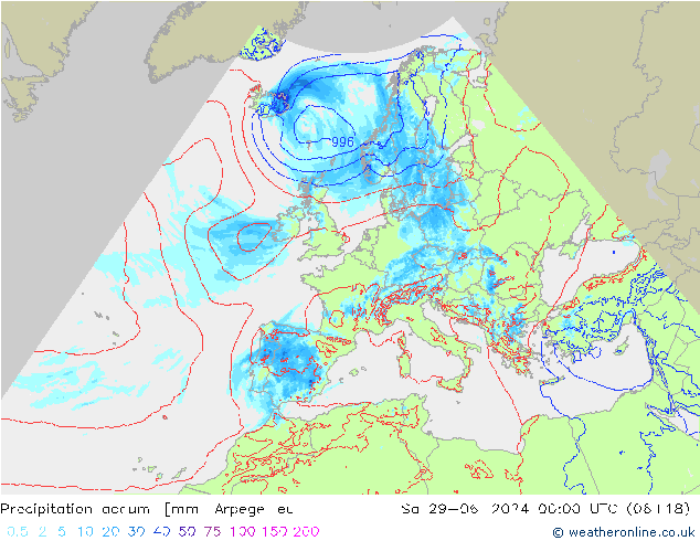 Precipitation accum. Arpege-eu 星期六 29.06.2024 00 UTC