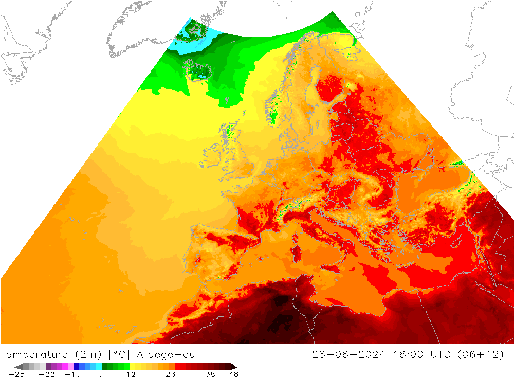温度图 Arpege-eu 星期五 28.06.2024 18 UTC