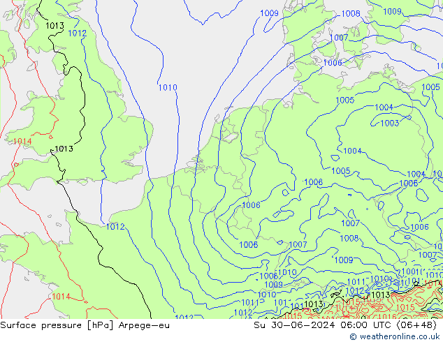 地面气压 Arpege-eu 星期日 30.06.2024 06 UTC