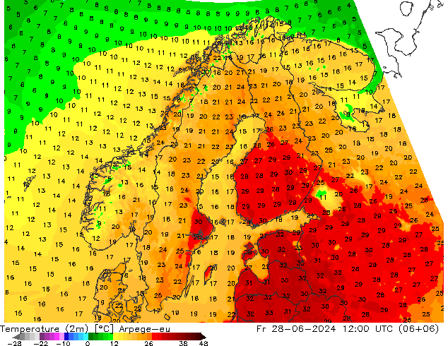温度图 Arpege-eu 星期五 28.06.2024 12 UTC