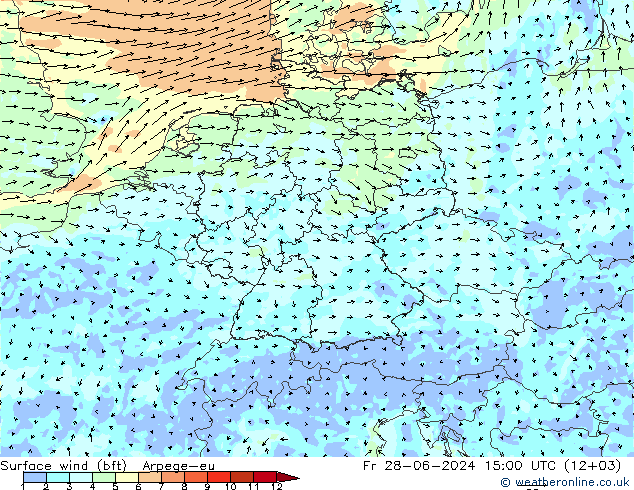 Wind 10 m (bft) Arpege-eu vr 28.06.2024 15 UTC