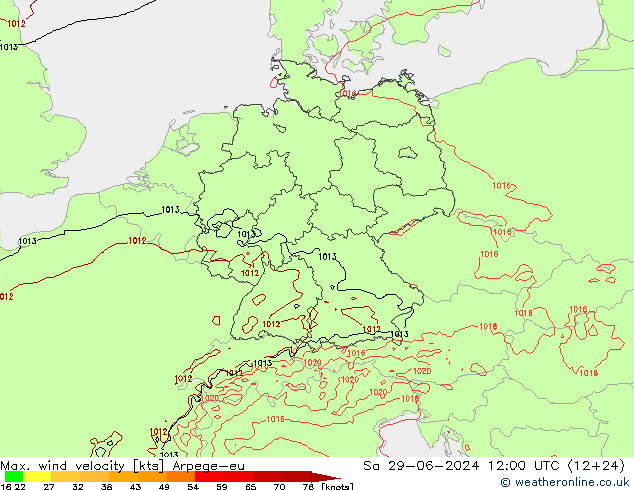 Max. wind velocity Arpege-eu 星期六 29.06.2024 12 UTC