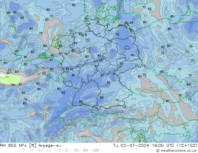 RH 850 hPa Arpege-eu 星期二 02.07.2024 18 UTC