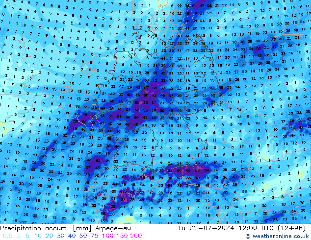Totale neerslag Arpege-eu di 02.07.2024 12 UTC