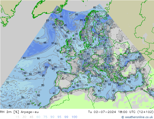 RH 2m Arpege-eu 星期二 02.07.2024 18 UTC