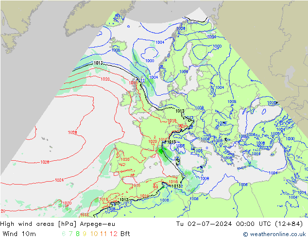 High wind areas Arpege-eu 星期二 02.07.2024 00 UTC
