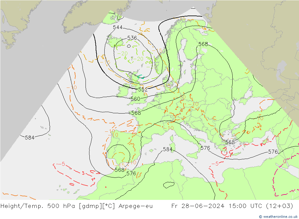 Height/Temp. 500 hPa Arpege-eu 星期五 28.06.2024 15 UTC