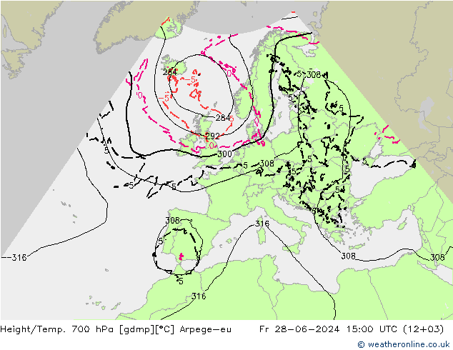 Height/Temp. 700 hPa Arpege-eu 星期五 28.06.2024 15 UTC