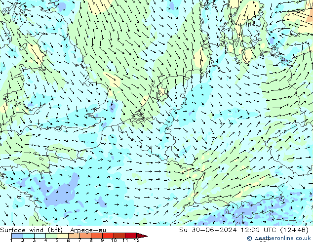 Wind 10 m (bft) Arpege-eu zo 30.06.2024 12 UTC