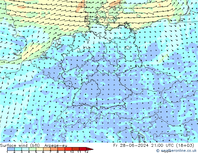 Wind 10 m (bft) Arpege-eu vr 28.06.2024 21 UTC