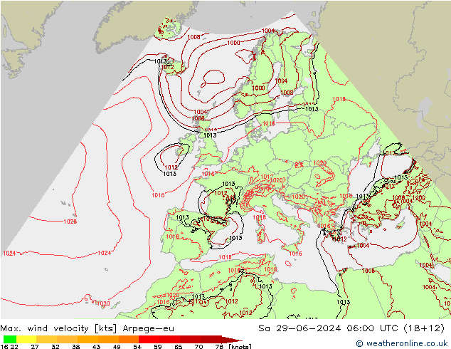 Max. wind snelheid Arpege-eu za 29.06.2024 06 UTC