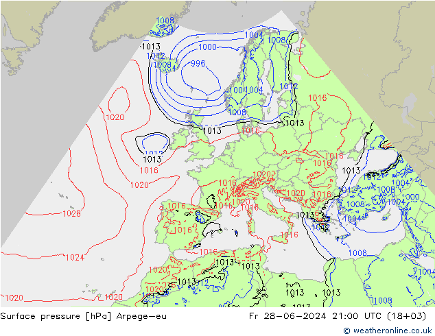 地面气压 Arpege-eu 星期五 28.06.2024 21 UTC