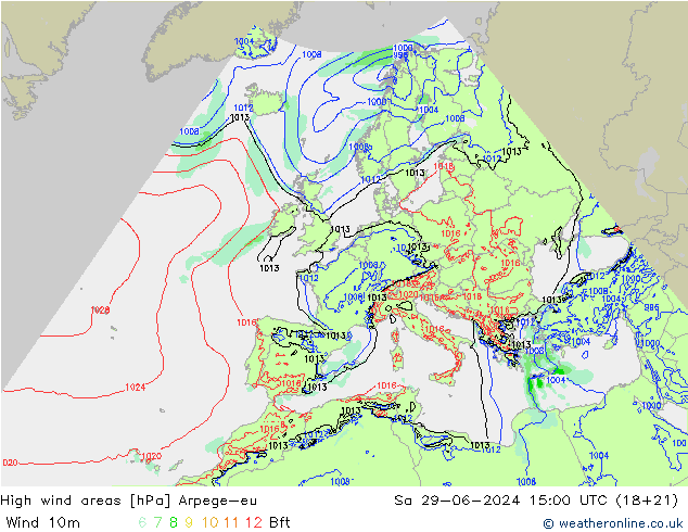 High wind areas Arpege-eu 星期六 29.06.2024 15 UTC